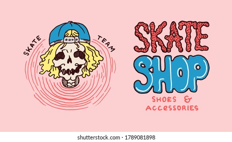 Skeleton in a cap. Skateboard label for typography. Vintage retro Ride on the boards concept. Template for t-shirt and logo. Hand Drawn engraved sketch for shop, skate club or tattoo.