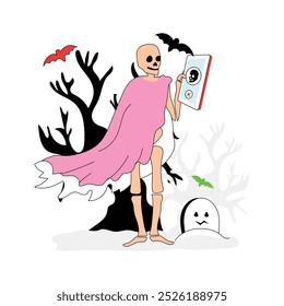 Um esqueleto em uma capa lê um livro assustador sob o céu noturno