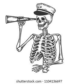 Skeleton captain with telescope engraving vector illustration. Scratch board style imitation. Black and white hand drawn image.