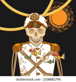 A skeleton in a captain's uniform and cap against the background of ship's ropes and the evening sun. Dark background. Vector illustration