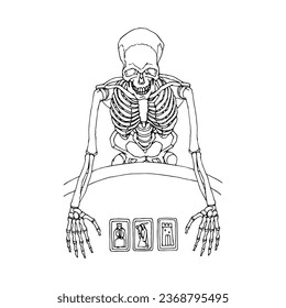 A skeleton at a card table. Tarot card reading. Vector illustration with black lines, isolated on a white background in cartoon style.