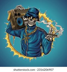 Skeleton carries an 80s Boombox, he wears a cannabis leaf gold chain necklace and holds a cigarette. Boombox is a transistorized portable music player.
