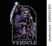 a skeleton carrying a scythe wearing a black hooded cloak. the angel of death rides a tricycle, he has a scythe and a teddy bear hanging from his staff.
