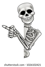 A skeleton cartoon character peeping around the side of a sign and pointing