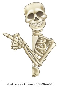 A skeleton cartoon character peeping around the side of a sign and pointing at it