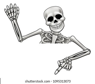 A skeleton cartoon character peeping over a sign waving and pointing