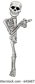 A skeleton cartoon character standing peeping around the side of a sign and pointing at it