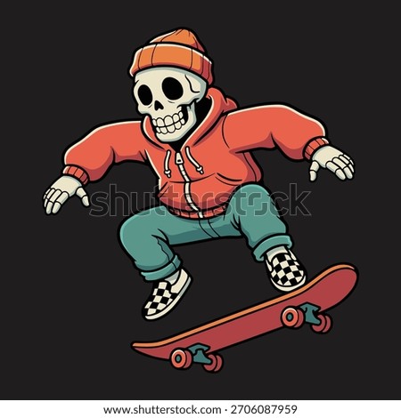 Skeleton cartoon  in a hoodie doing a cool skateboard trick in an energetic street style illustration