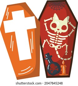 The skeleton of a Cat in a coffin. Fun Halloween Picture. Vector Illustration