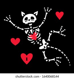 The skeleton of a cat is dancing among the red hearts. Greeting card for Valentine's Day. Also great for Halloween.