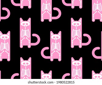 Skeleton cat pattern seamless. Skull and bones pet background. vector texture