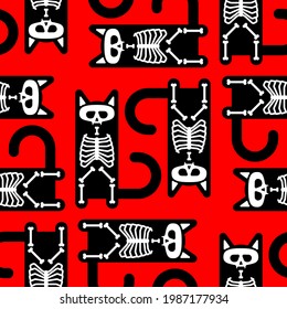 Skeleton cat pattern seamless. Skull and bones pet background. vector texture