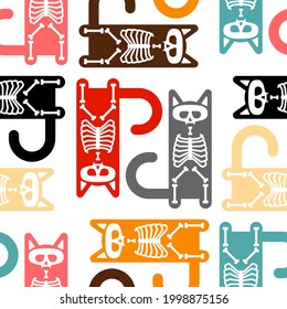 Skeleton cat pattern seamless. Skull and bones pet background. vector texture