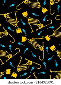 Skeleton cat pattern seamless. Cat skull and bones background. Baby fabric ornament