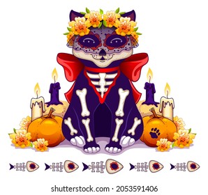 Skeleton cat symbol holiday day of dead in mexico. Dia de Muertos greeting card template. Vector cartoon illustration isolated on white