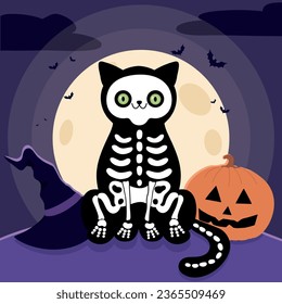 Skeleton cat with a witch hat and pumpkin in the moonlight. Halloween art. Vector illustration