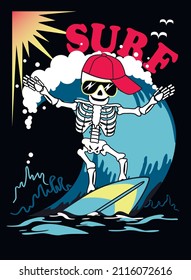 Skeleton catches a wave on the surf. Vector illustration.
