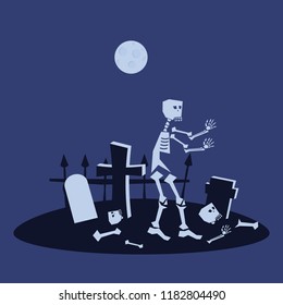 Skeleton in the cemetery, holiday Halloween, character icon, vector, illustration, isolated, cartoon styyle