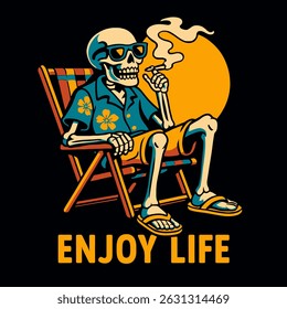Skeleton character is relaxing in a chair smoking cigarette against a sun backdrop Great for humor or vacation themed designs.