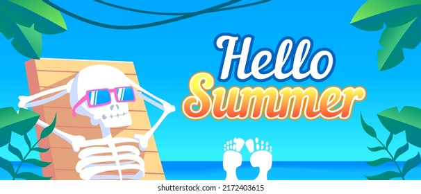 Carácter esquelético relajante en la playa en ilustración vectorial de verano
