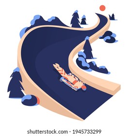 Skeleton character riding ice track in winter landscape. 