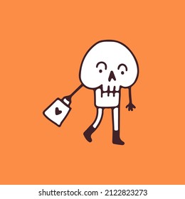 Skeleton character with shopping bag, illustration for t-shirt, sticker, or apparel merchandise. With doodle, soft pop, and cartoon style.