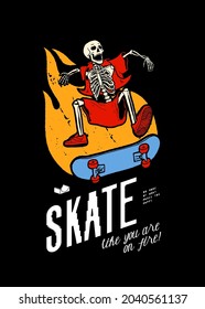 Skeleton character skateboarding on fire vintage typography street sports t-shirt print.