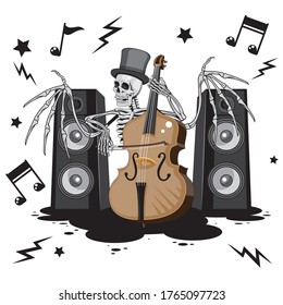 A skeleton character with wings in a hat plays a double bass music dynamics notes on a white isolated background. Vector image eps 10