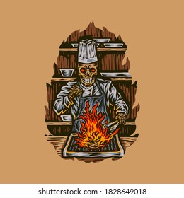 Carne de parrillada del chef del esqueleto, estilo de línea dibujada a mano con color digital, ilustración vectorial