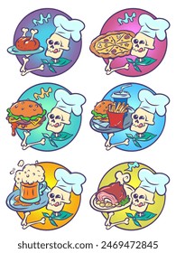 Esqueleto de chef con diferentes platos. Delicioso servicio de comida rápida. Platos temáticos para Halloween y el Día de los Muertos. Dibujo de Ilustración vectorial retro de arte pop de dibujos animados. En un blanco