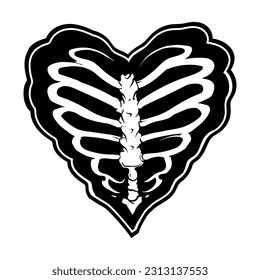 Skeleton chest bones showing heart shape. Heart rib cage in goth style illustration. Hand drawing illustration isolated on white background. Vector EPS 10