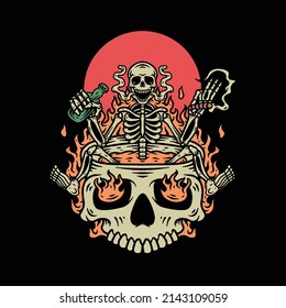 Skeleton chiling on skull flame illustration.