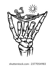 skeleton and chill hand sign line illustration