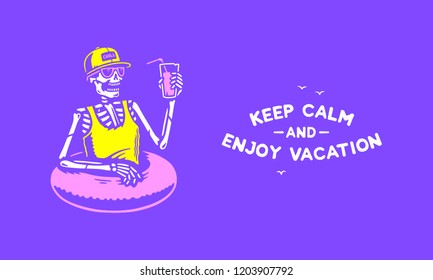 SKELETON CHILLING WITH COCKTAIL ENJOY VACATION PURPLE BACKGROUND