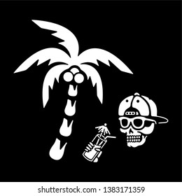 Skeleton chilling with cocktail and palm tree black background