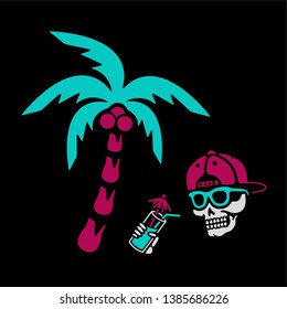 Skeleton chilling with cocktail and palm tree black background