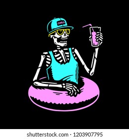 SKELETON CHILLING WITH COCKTAIL AND SWIM RING MULTICOLOR BLACK BACKGROUND