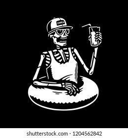 SKELETON CHILLING WITH COCKTAIL AND SWIM RING BLACK BACKGROUND