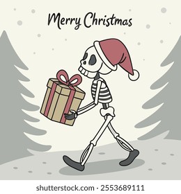 Skeleton with Christmas hat carrying Christmas gift