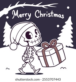 Skeleton with Christmas hat carrying Christmas gift 