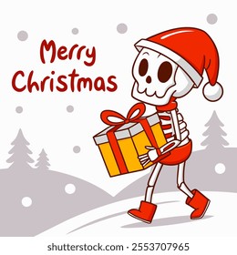 Skeleton with Christmas hat carrying Christmas gift 