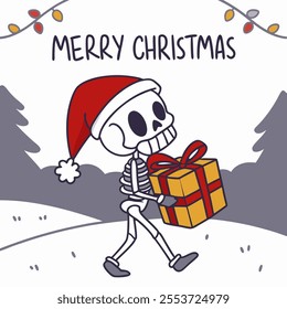 Skeleton with Christmas hat carrying Christmas gift 