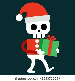 Skeleton with Christmas hat carrying Christmas gift 