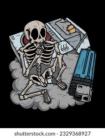 Esqueleto con diseño vectorial de ilustración dibujada a mano con cigarrillos