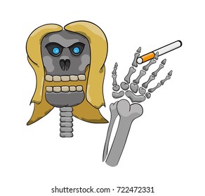 Skeleton with cigarette in hand as a symbol of danger of smoking. Cartoon illustration.