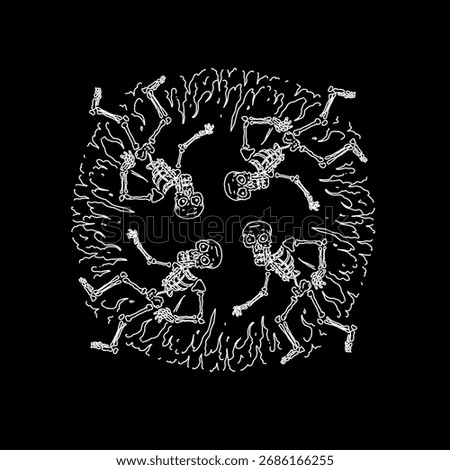 Skeleton circle pattern with burning energy lines, gothic horror vector art for t-shirt, sticker, or poster.