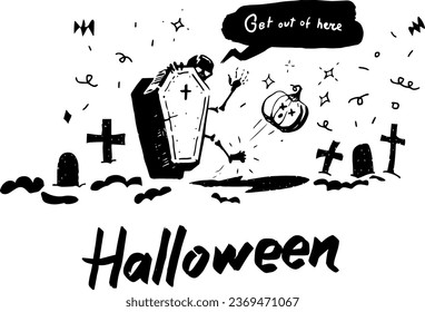 The skeleton climbs out of the grave and knocks the pumpkin away. Cute creepy character. Halloween, spooky, horror, holiday doodle. Hand drawn modern Vector illustration. Isolated design element. 