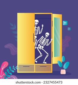 Skeleton in the closet or cupboard. Metaphoric idiom. Funny cartoon illustration of saying. Humans fears and experiences, unexpected discoveries, secrets and mysteries. flat vector illustration