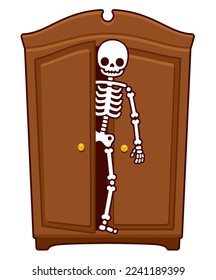 Skeleton in the closet, funny cartoon illustration of a saying. Cute vector drawing.