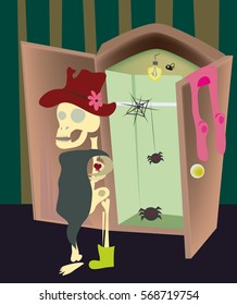 Skeleton in the closet wearing a red hat and a green boot.